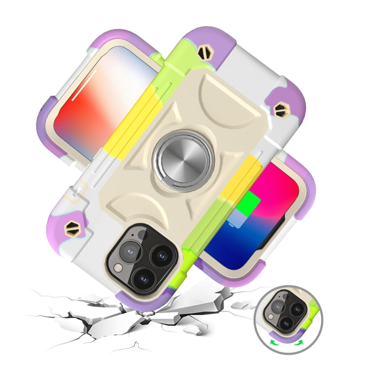For iPhone 13 Shockproof Silicone + PC Protective Case with Dual-Ring Holder(Colorful Beige)