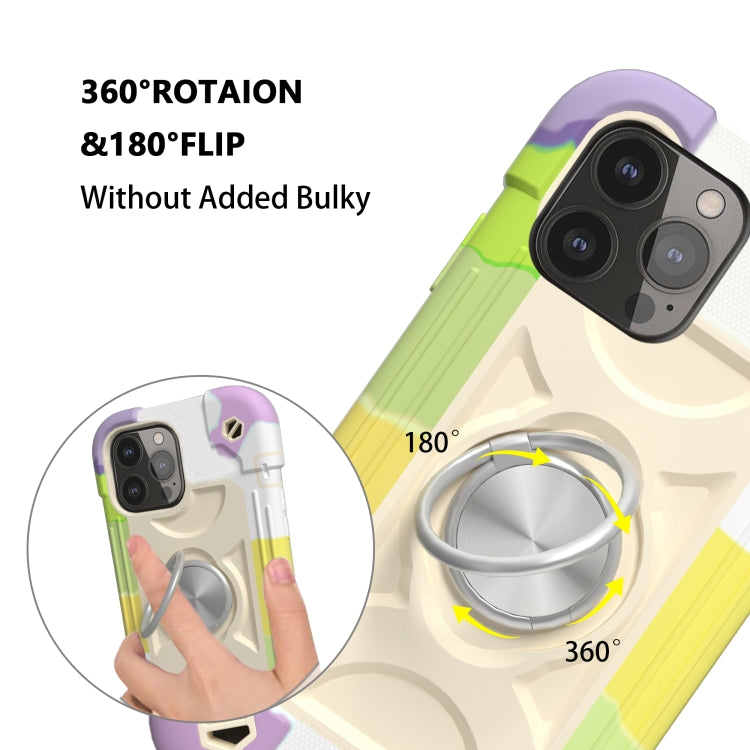 For iPhone 13 Shockproof Silicone + PC Protective Case with Dual-Ring Holder(Colorful Beige)