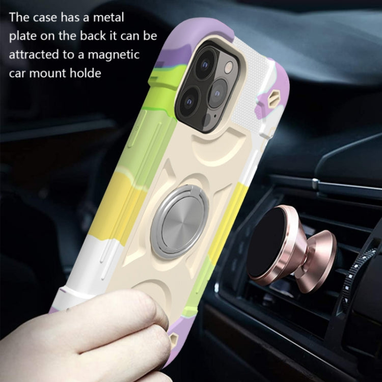 For iPhone 13 Shockproof Silicone + PC Protective Case with Dual-Ring Holder(Colorful Beige)