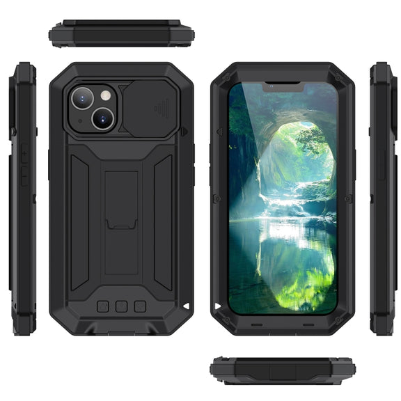 For iPhone 13 mini R-JUST Sliding Camera Shockproof Life Water-resistant Dust-proof Metal + Silicone Protective Case with Holder (Black)