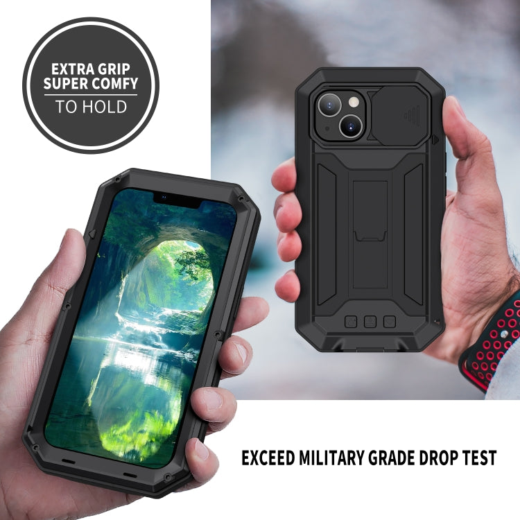For iPhone 13 mini R-JUST Sliding Camera Shockproof Life Water-resistant Dust-proof Metal + Silicone Protective Case with Holder (Black)
