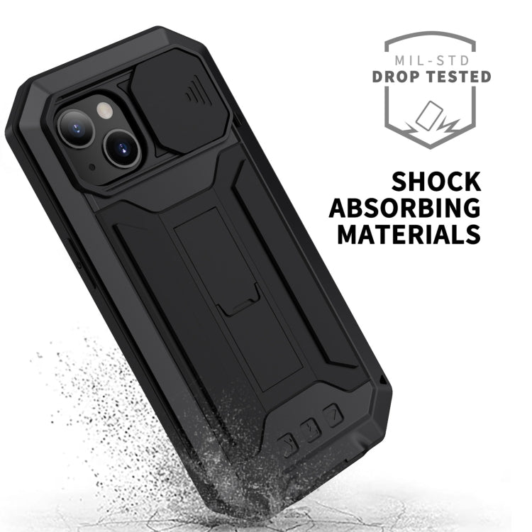 For iPhone 13 mini R-JUST Sliding Camera Shockproof Life Water-resistant Dust-proof Metal + Silicone Protective Case with Holder (Black)