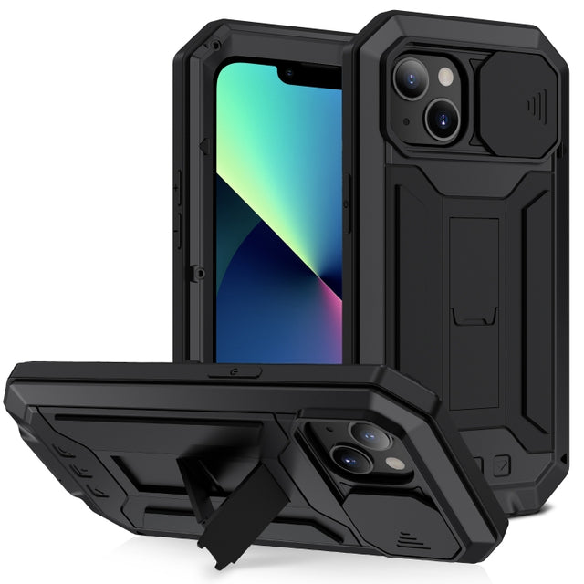 For iPhone 13 mini R-JUST Sliding Camera Shockproof Life Water-resistant Dust-proof Metal + Silicone Protective Case with Holder (Black)