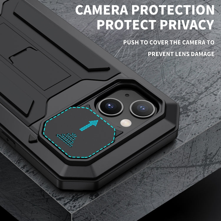 For iPhone 13 mini R-JUST Sliding Camera Shockproof Life Water-resistant Dust-proof Metal + Silicone Protective Case with Holder (Black)