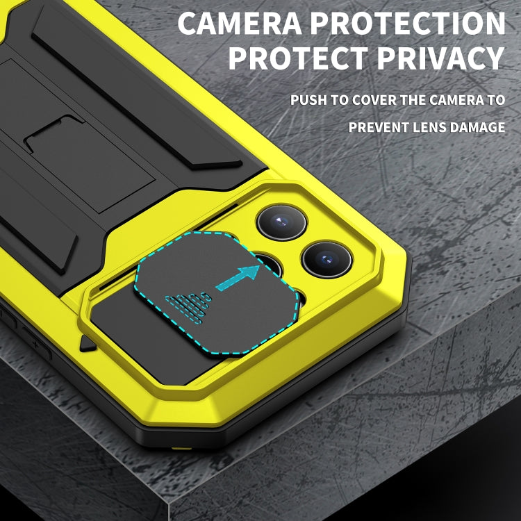 For iPhone 13 Pro Max R-JUST Sliding Camera Shockproof Life Water-resistant Dust-proof Metal + Silicone Protective Case with Holder (Yellow)