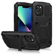 For iPhone 13 mini R-JUST Shockproof Water-resistant Dust-proof Metal + Silicone Protective Case with Holder (Black)