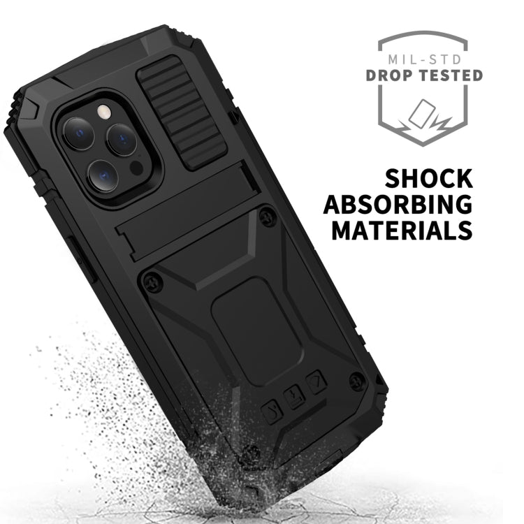 For iPhone 13 mini R-JUST Shockproof Water-resistant Dust-proof Metal + Silicone Protective Case with Holder (Black)