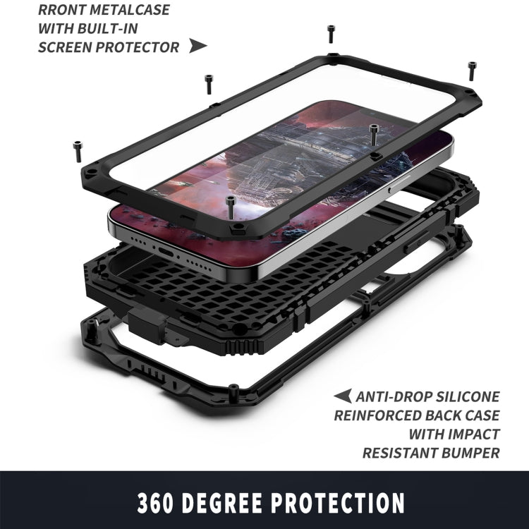 For iPhone 13 mini R-JUST Shockproof Water-resistant Dust-proof Metal + Silicone Protective Case with Holder (Black)