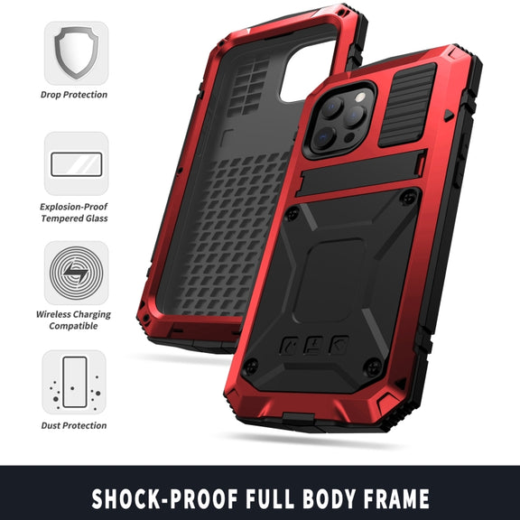 For iPhone 13 mini R-JUST Shockproof Water-resistant Dust-proof Metal + Silicone Protective Case with Holder (Red)