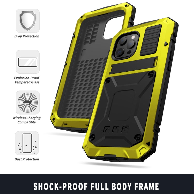 For iPhone 13 mini R-JUST Shockproof Water-resistant Dust-proof Metal + Silicone Protective Case with Holder (Yellow)