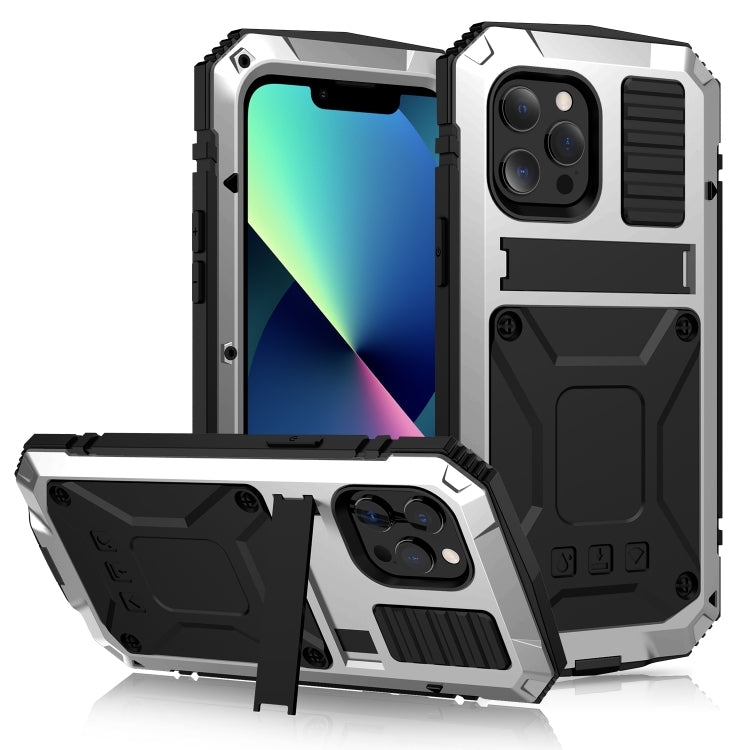 For iPhone 13 mini R-JUST Shockproof Water-resistant Dust-proof Metal + Silicone Protective Case with Holder (Silver)