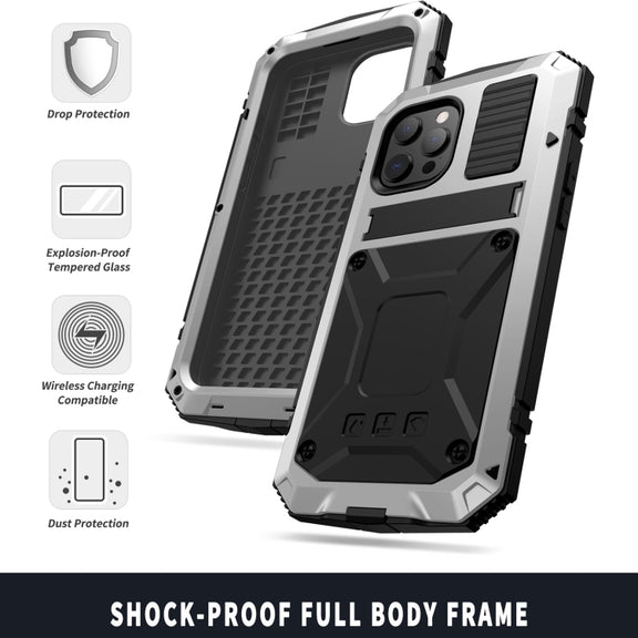 For iPhone 13 mini R-JUST Shockproof Water-resistant Dust-proof Metal + Silicone Protective Case with Holder (Silver)