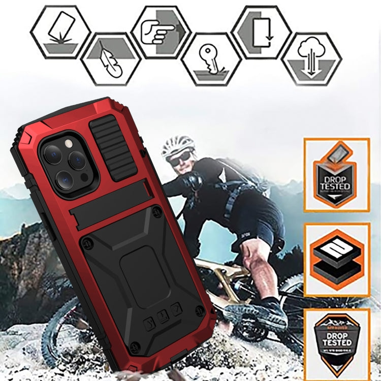 For iPhone 13 R-JUST Shockproof Water-resistant Dust-proof Metal + Silicone Protective Case with Holder(Red)