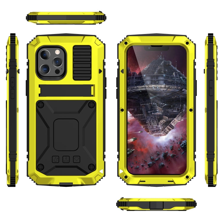For iPhone 13 R-JUST Shockproof Water-resistant Dust-proof Metal + Silicone Protective Case with Holder(Yellow)