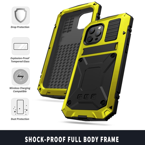 For iPhone 13 R-JUST Shockproof Water-resistant Dust-proof Metal + Silicone Protective Case with Holder(Yellow)
