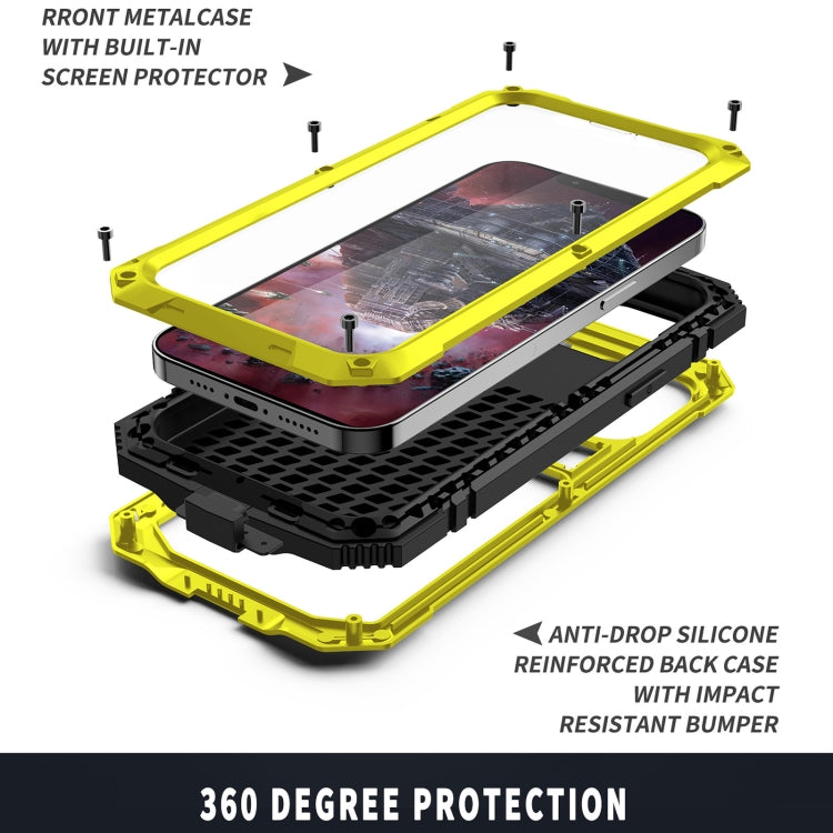 For iPhone 13 R-JUST Shockproof Water-resistant Dust-proof Metal + Silicone Protective Case with Holder(Yellow)