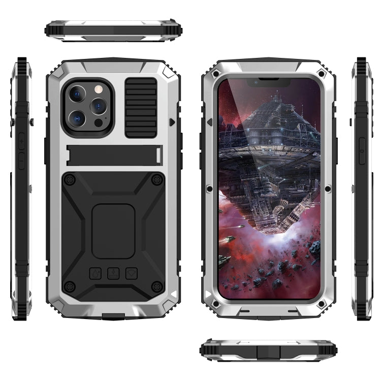 For iPhone 13 R-JUST Shockproof Water-resistant Dust-proof Metal + Silicone Protective Case with Holder(Silver)
