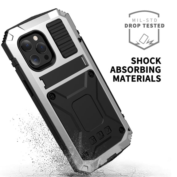 For iPhone 13 R-JUST Shockproof Water-resistant Dust-proof Metal + Silicone Protective Case with Holder(Silver)