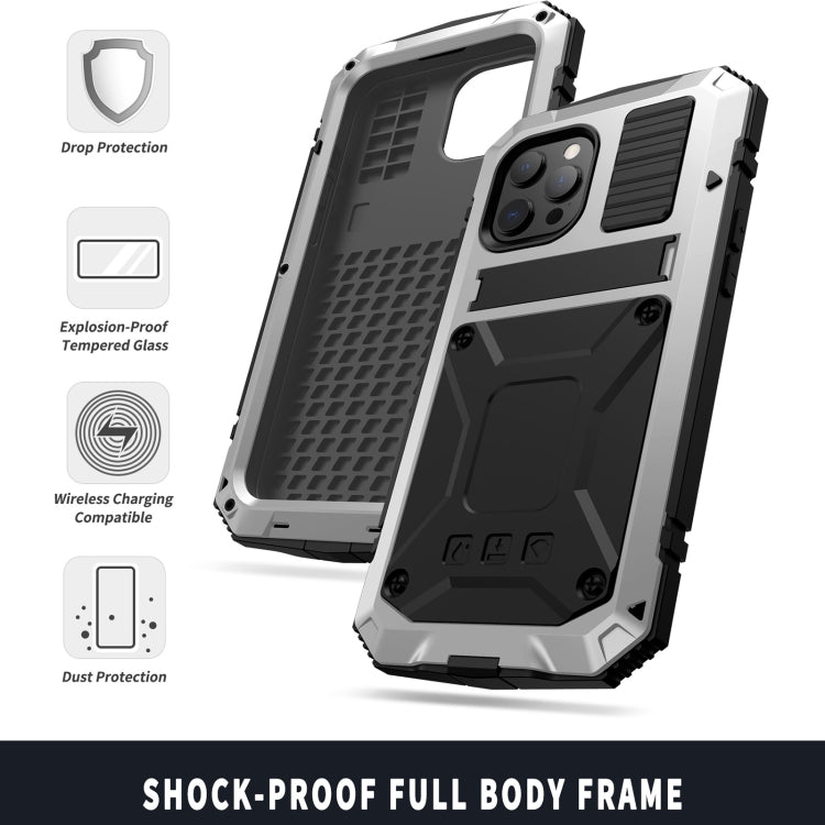 For iPhone 13 R-JUST Shockproof Water-resistant Dust-proof Metal + Silicone Protective Case with Holder(Silver)