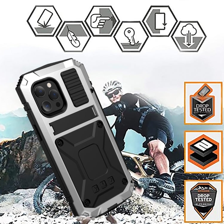For iPhone 13 R-JUST Shockproof Water-resistant Dust-proof Metal + Silicone Protective Case with Holder(Silver)