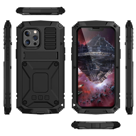 For iPhone 13 Pro R-JUST Shockproof Water-resistant Dust-proof Metal + Silicone Protective Case with Holder (Black)