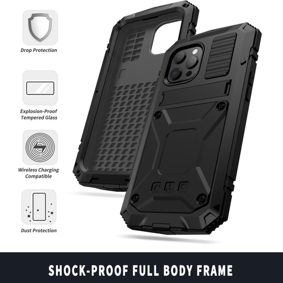 For iPhone 13 Pro R-JUST Shockproof Water-resistant Dust-proof Metal + Silicone Protective Case with Holder (Black)
