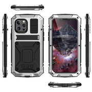 For iPhone 13 Pro R-JUST Shockproof Water-resistant Dust-proof Metal + Silicone Protective Case with Holder (Silver)