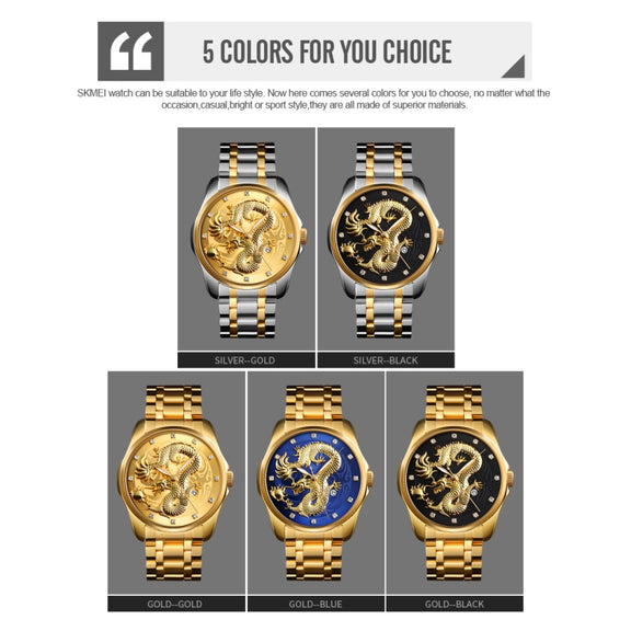 SKMEI 9193 Men Golden Dragon Pattern Calendar Dial Luminous Quartz Watch(Gold Black)