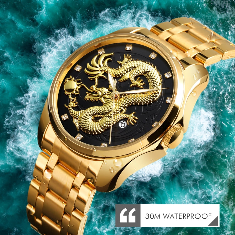 SKMEI 9193 Men Golden Dragon Pattern Calendar Dial Luminous Quartz Watch(Gold Black)