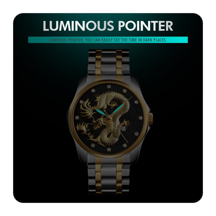 SKMEI 9193 Men Golden Dragon Pattern Calendar Dial Luminous Quartz Watch(Gold Black)