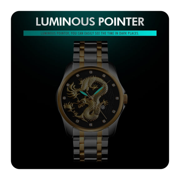 SKMEI 9193 Men Golden Dragon Pattern Calendar Dial Luminous Quartz Watch(Gold Black)