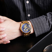 SKMEI 9193 Men Golden Dragon Pattern Calendar Dial Luminous Quartz Watch(Gold Black)