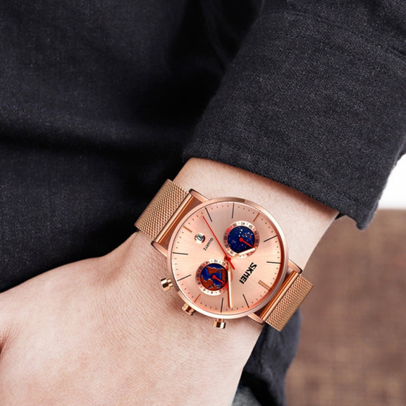 SKMEI 9231 Men Map Pattern Calendar Stopwatch Stainless Steel Strap Quartz Watch(Rose Gold)