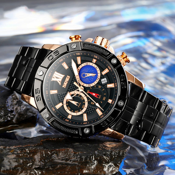 SKMEI 9235 Men Moonphase Stopwatch Stainless Steel Strap Quartz Watch(Gold Black)