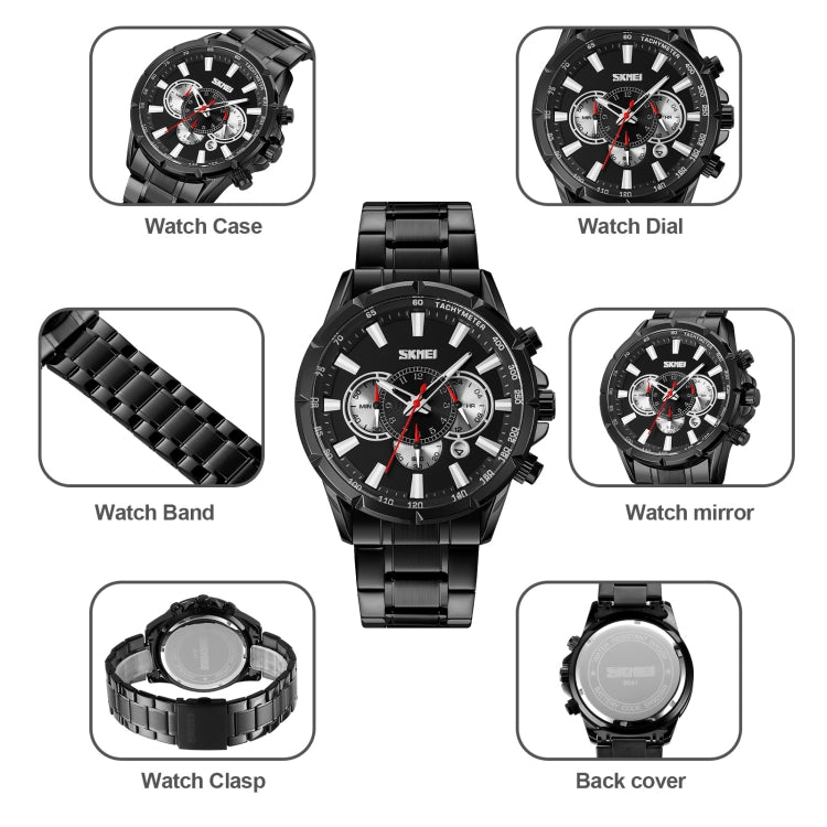 SKMEI 9241 Men Calendar Stopwatch Stainless Steel Strap Quartz Watch(Silver Black)