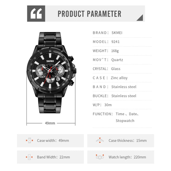 SKMEI 9241 Men Calendar Stopwatch Stainless Steel Strap Quartz Watch(Black)
