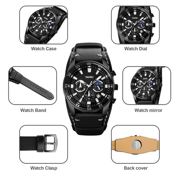 SKMEI 9249 Men Moonphase Calendar Stopwatch Leather Strap Quartz Watch(Brown Black)