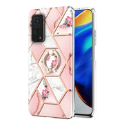 For Xiaomi Mi 10T / Mi 10T Pro Electroplating Splicing Marble Flower Pattern TPU Shockproof Case with Rhinestone Ring Holder(Pink Flower)