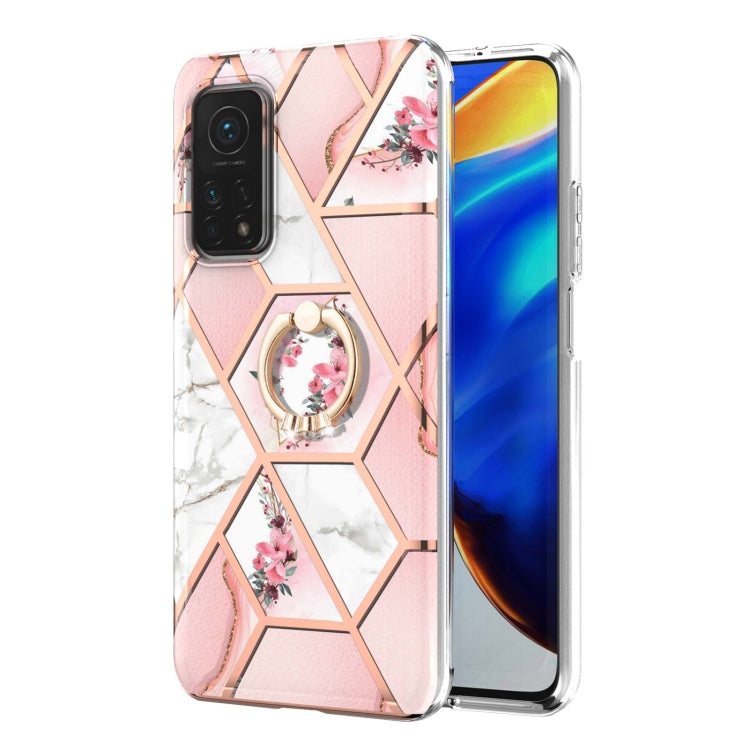 For Xiaomi Mi 10T / Mi 10T Pro Electroplating Splicing Marble Flower Pattern TPU Shockproof Case with Rhinestone Ring Holder(Pink Flower)
