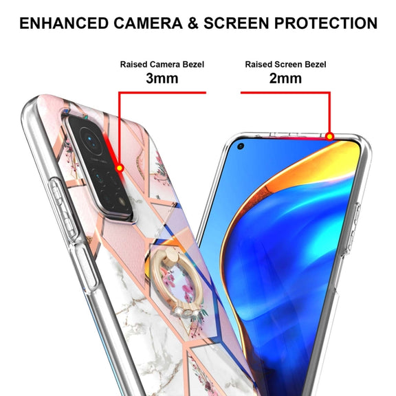 For Xiaomi Mi 10T / Mi 10T Pro Electroplating Splicing Marble Flower Pattern TPU Shockproof Case with Rhinestone Ring Holder(Pink Flower)