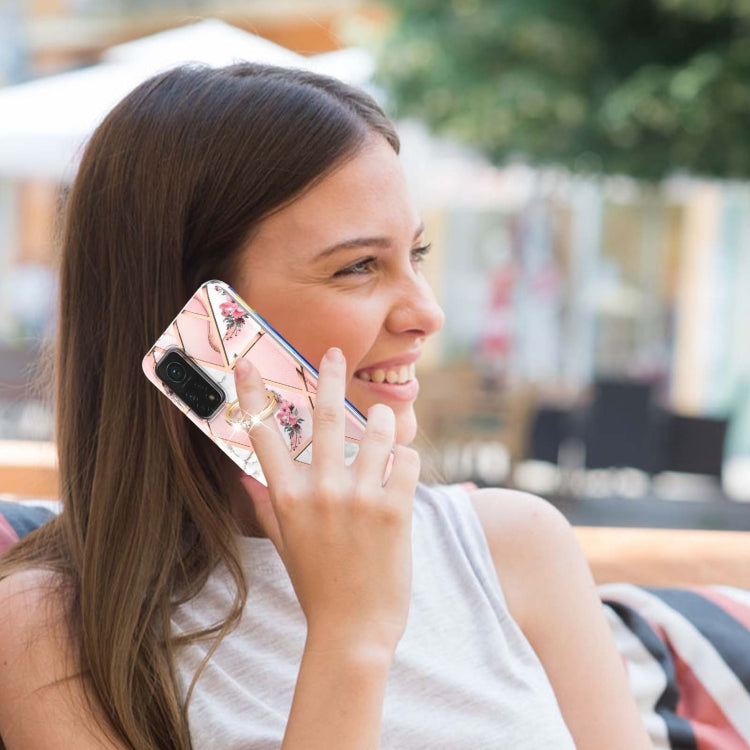 For Xiaomi Mi 10T / Mi 10T Pro Electroplating Splicing Marble Flower Pattern TPU Shockproof Case with Rhinestone Ring Holder(Pink Flower)