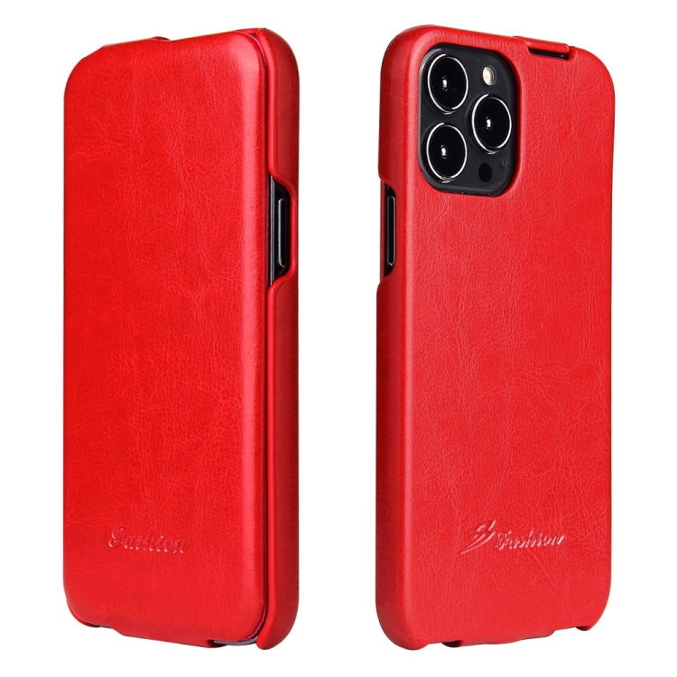For iPhone 13 Pro Fierre Shann Retro Oil Wax Texture Vertical Flip PU Leather Case (Red)