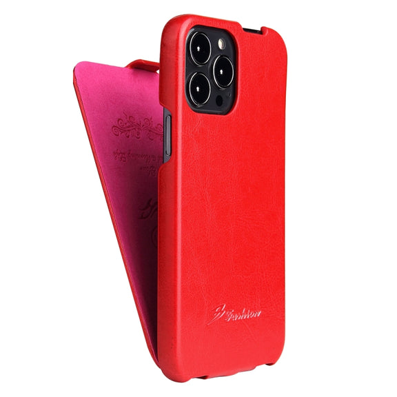 For iPhone 13 Pro Fierre Shann Retro Oil Wax Texture Vertical Flip PU Leather Case (Red)