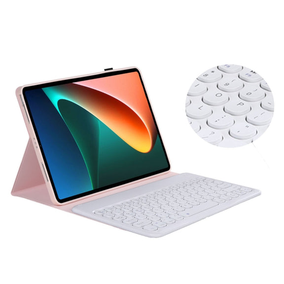 Y0N5 TPU Tablet Case Lambskin Texture Round Keycap Bluetooth Keyboard Leather Tablet Case with Holder For Xiaomi Pad 5 / 5 Pro(Pink)
