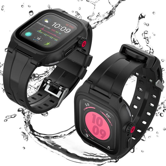 For Apple Watch Series SE 2&6&SE&5&4 44mm RedPepper IP68 Water-resistant Screen Protector + Watchband + Protective Case(Black)