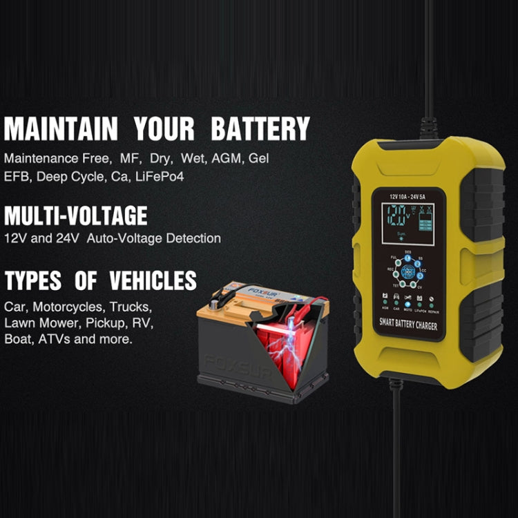FOXSUR 10A 12V 7-segment Motorcycle / Car Smart Battery Charger, Plug Type:EU Plug(Yellow)