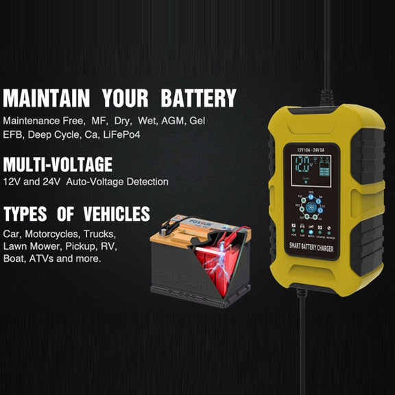 FOXSUR 10A 12V 7-segment Motorcycle / Car Smart Battery Charger, Plug Type:UK Plug(Yellow)