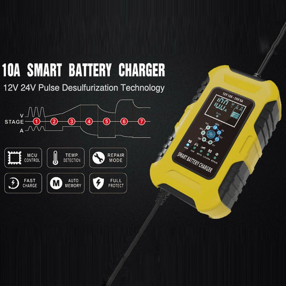 FOXSUR 10A 12V 7-segment Motorcycle / Car Smart Battery Charger, Plug Type:US Plug(Yellow)