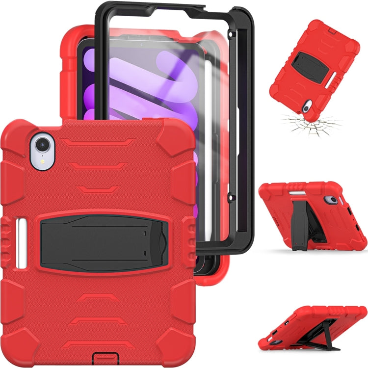 For iPad mini 6 / mini 2024 Tri-Layer Protection Screen Frame Heavy Duty PC Hybrid Silicone Case with Holder(Red+Black)