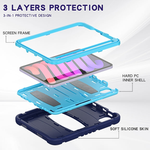 For iPad mini 6 3-Layer Protection Screen Frame + PC + Silicone Shockproof Combination Tablet Case with Holder(NavyBlue+Blue)
